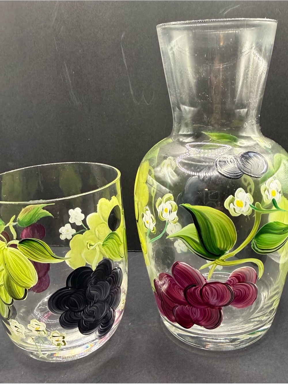 Hand-Painted Floral Glass Pitcher and Tumbler Set - Green and Purple